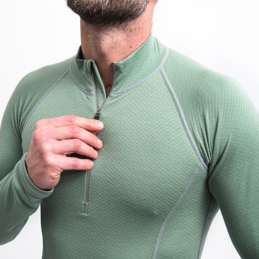 SENSOR MERINO DF pánské triko dl.rukáv zip basil green XL - Barva: zelená, Velikost: XL