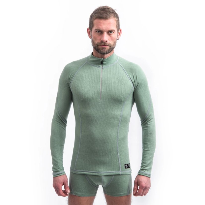 SENSOR MERINO DF pánské triko dl.rukáv zip basil green XL - Barva: zelená, Velikost: XL