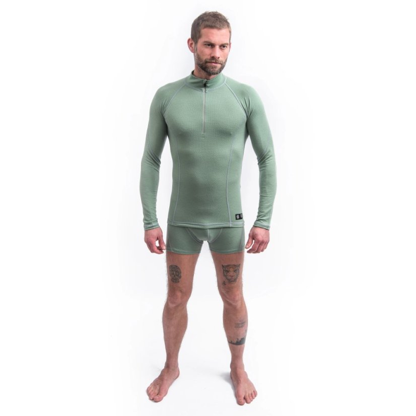 SENSOR MERINO DF pánské triko dl.rukáv zip basil green XL - Barva: zelená, Velikost: XL